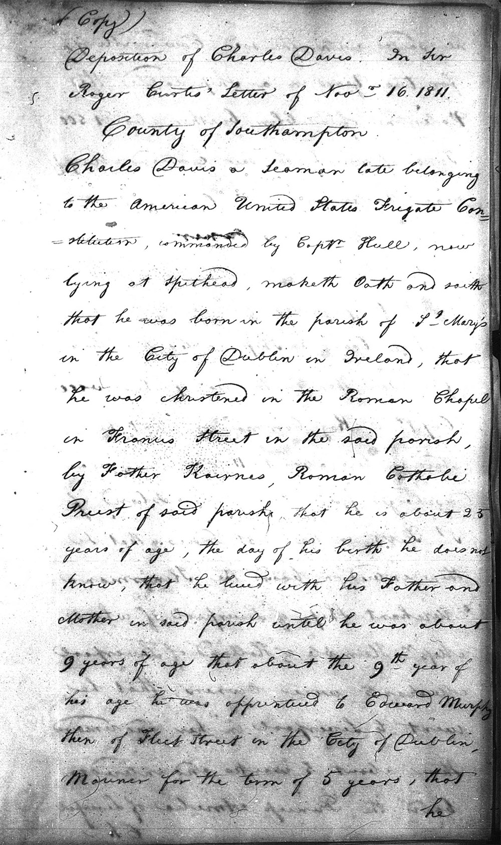 opening page of Charles Davis s deposition on November 16, 1811, after his escape from the USS Constitution