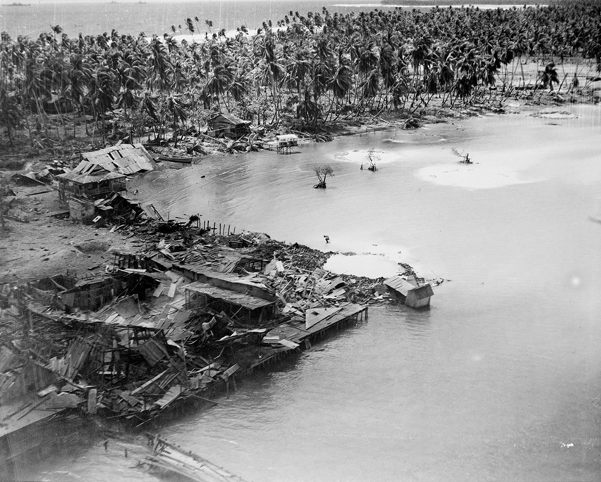 Destroyed buildings and wharf on Butaritari Island From American bombing