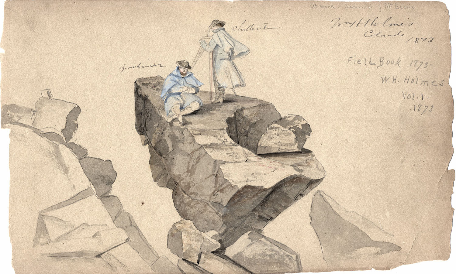 Watercolor sketch of members of the Hayden Survey in Colorado Territory