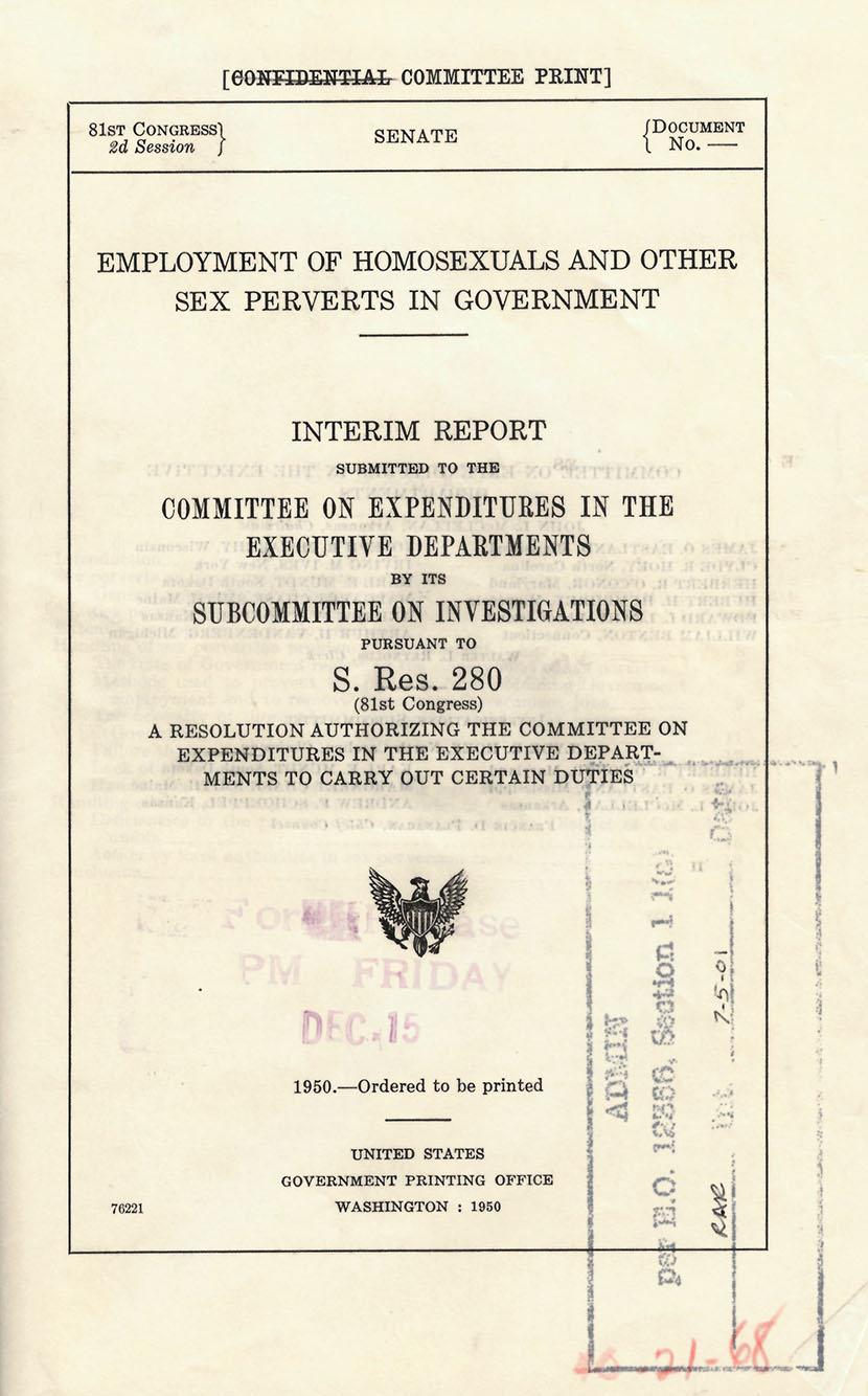 Cover page of report titled "Employment of Homosexuals and Other Sex Perverts in Government"