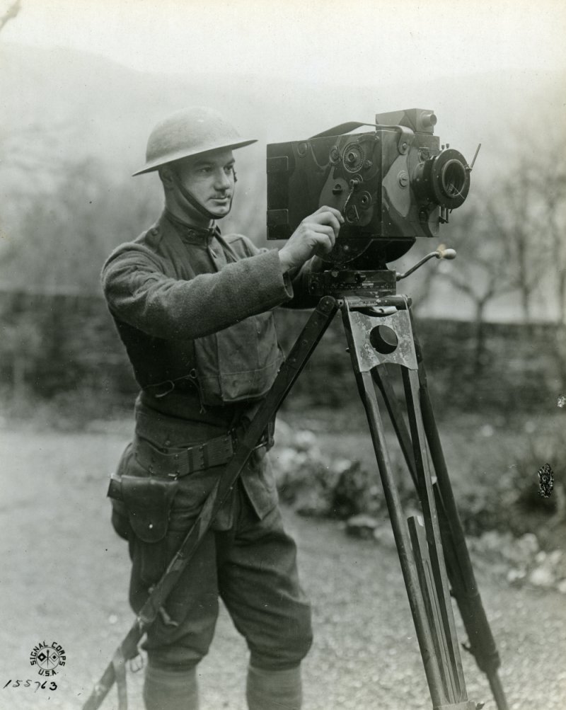 Sgt. 1st Class Charles Ritchie of the 90th Division operates his motion picture camera in Bernkastel, Prussia, Germany, on February 1, 1919.