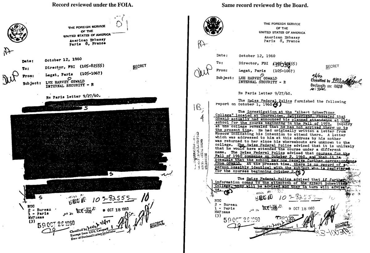 FOIA records redacted, previous to the JFK Act