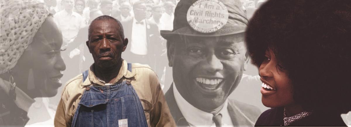  Background: Leaders at the Head of the March on Washington (NAID 542002); L to R: Young Woman Soliciting Funds for a Chicago Organization (NAID 556134); Participant of the Tuskegee Syphilis Study (NAID 956131); Attendee of the March on Washington (NAID 542029); Student of the Westinghouse Vocational School (NAID 556143)