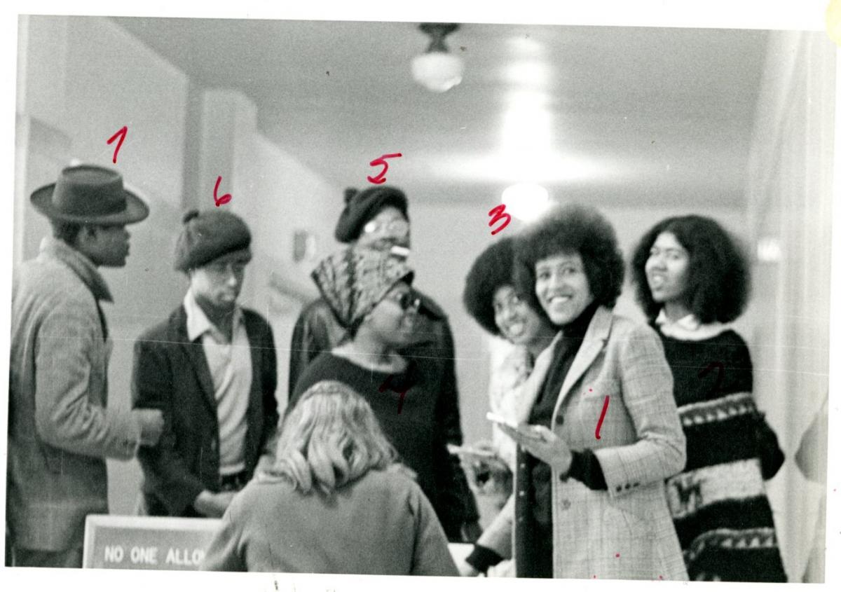 Ericka Huggins (r), w/Elaine Brown and other Party members