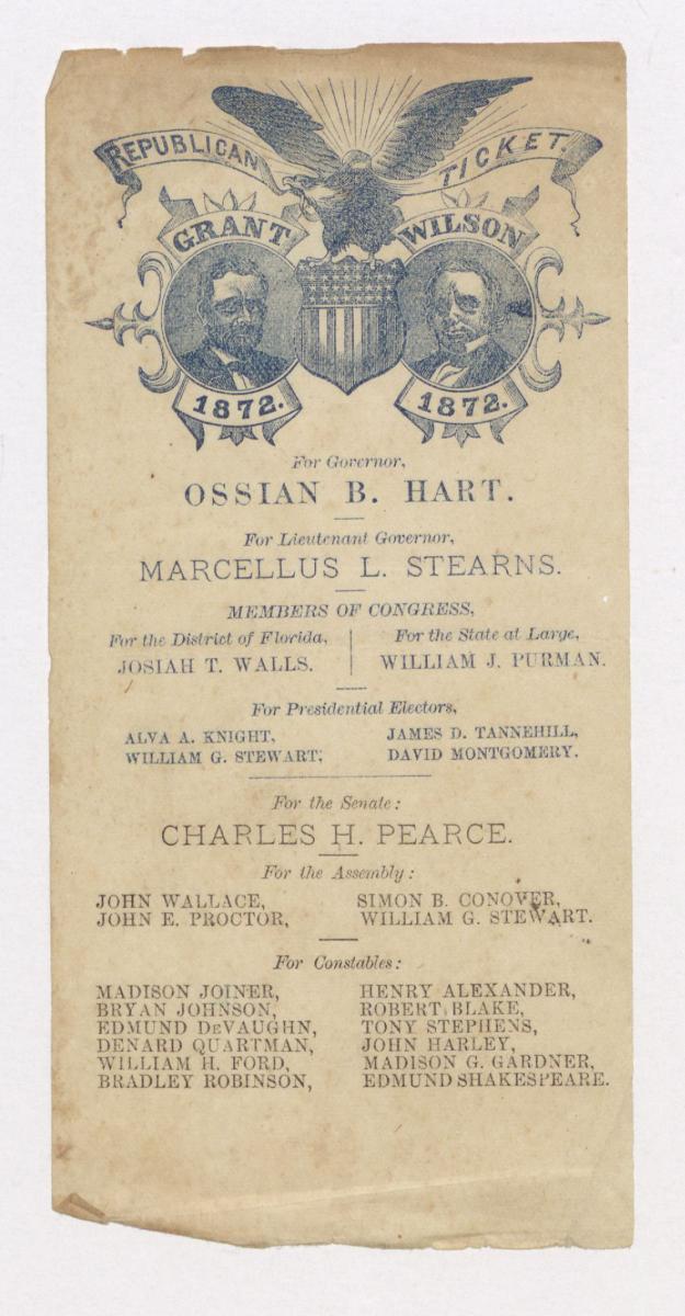 Republican ticket for 1872 voting election listing Grant at top with candidates for Florida