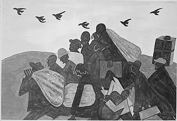 photo of Jacob Lawrence painting  In every town Negroes were leaving by the hundreds to go North and enter into Northern industry.