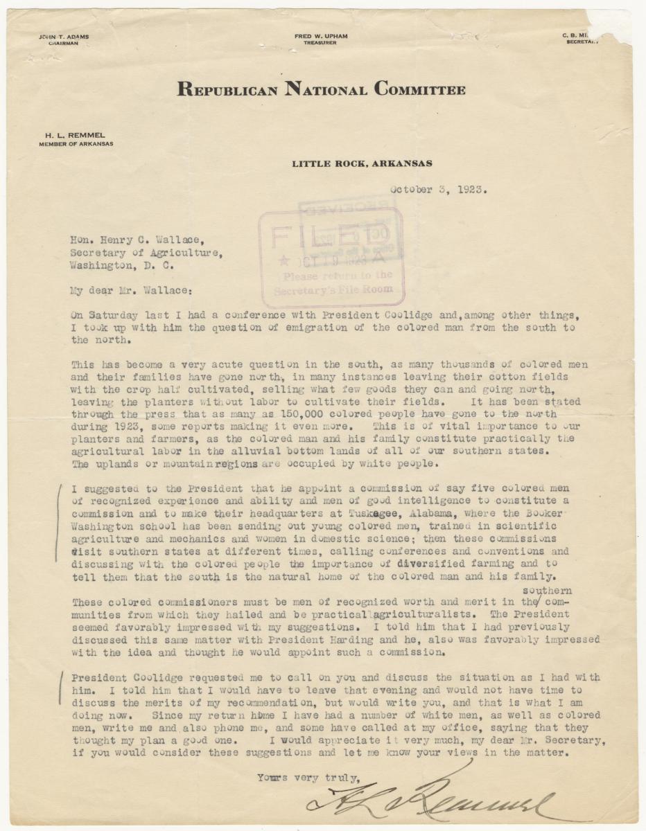 letter suggesting a commission to study the movement of blacks to the north