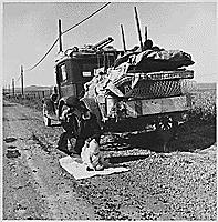 "Farm Security Administration: farmers whose topsoil blew away joined the sod caravans of "Okies" on Route 66 to California," ca. 1935. (FDR Presidential Library NLR-PHOCO-A-7420(279))