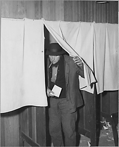 Mennonite coming out of voting machine