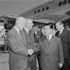 President Eisenhower and Secretary of State John Foster Dulles greet President Diem