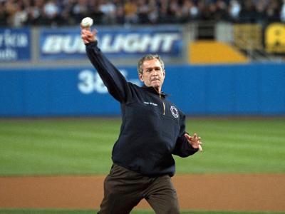 President George W Bush throwing out first pitch at World Series