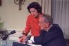 Lady Bird and Lyndon Johnson at a desk