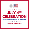 red-lined white square with the words, "July 4th Celebration Honoring 250 Years of America!"