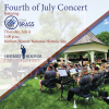 A brass band is showing playing music in front of a small stage, along with text announcing a free Fourth of July concert at the Herbert Hoover National Historic Site on July 4, 2024, in West Branch, IA.