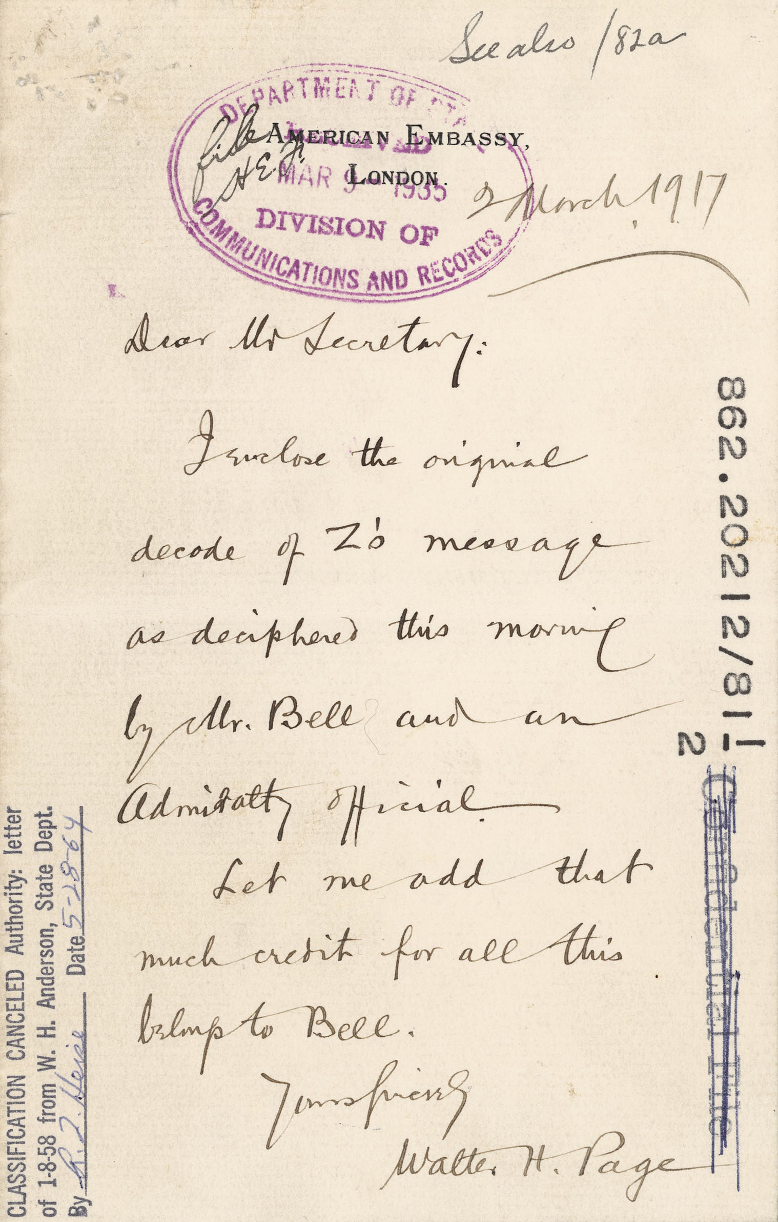 Letter from Ambassador Walter Page to the Secretary of State