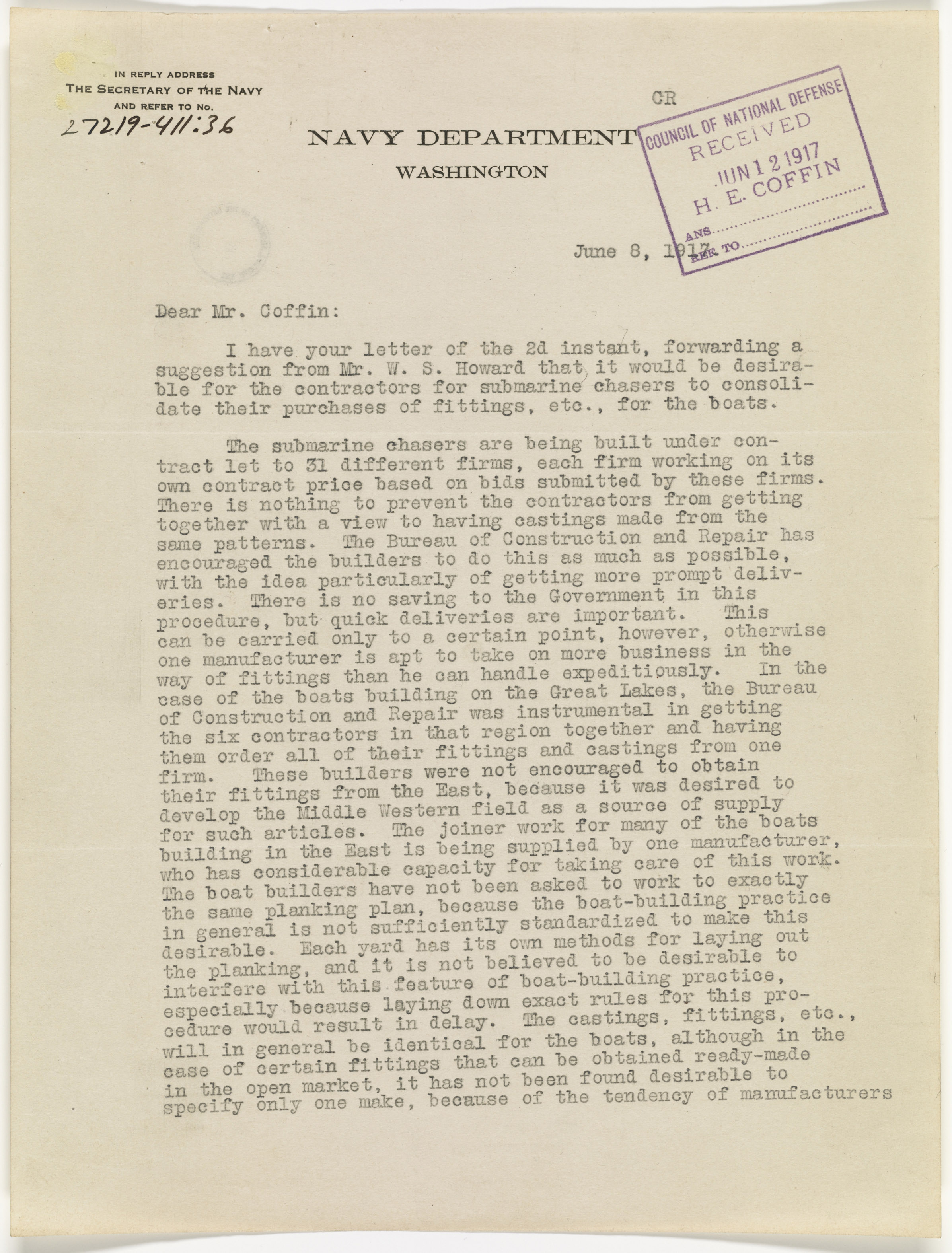 Letter from Assistant Secretary of the Navy Franklin D. Roosevelt to Howard E. Coffin, Chairman, Committee on Munitions and Manufacturing