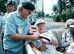Vietnam Veteran, John Hosier Jr. receives an autographed hat from Bob Hope