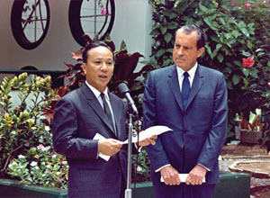 President Richard Nixon and South Vietnam's President Nguyen Van Thieu Making a Joint Statement at Midway Island
