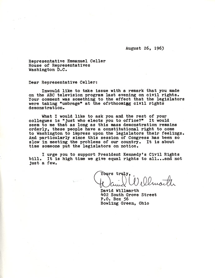 Letter from David Willmarth to Representative Emanuel Celler, August 26 ...