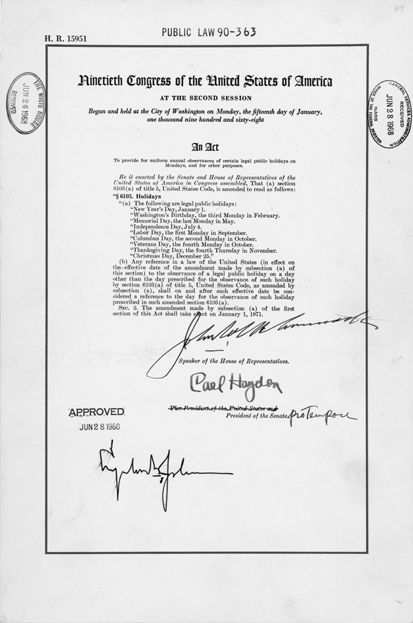 Uniform Holidays Act of 1968, PL90-363